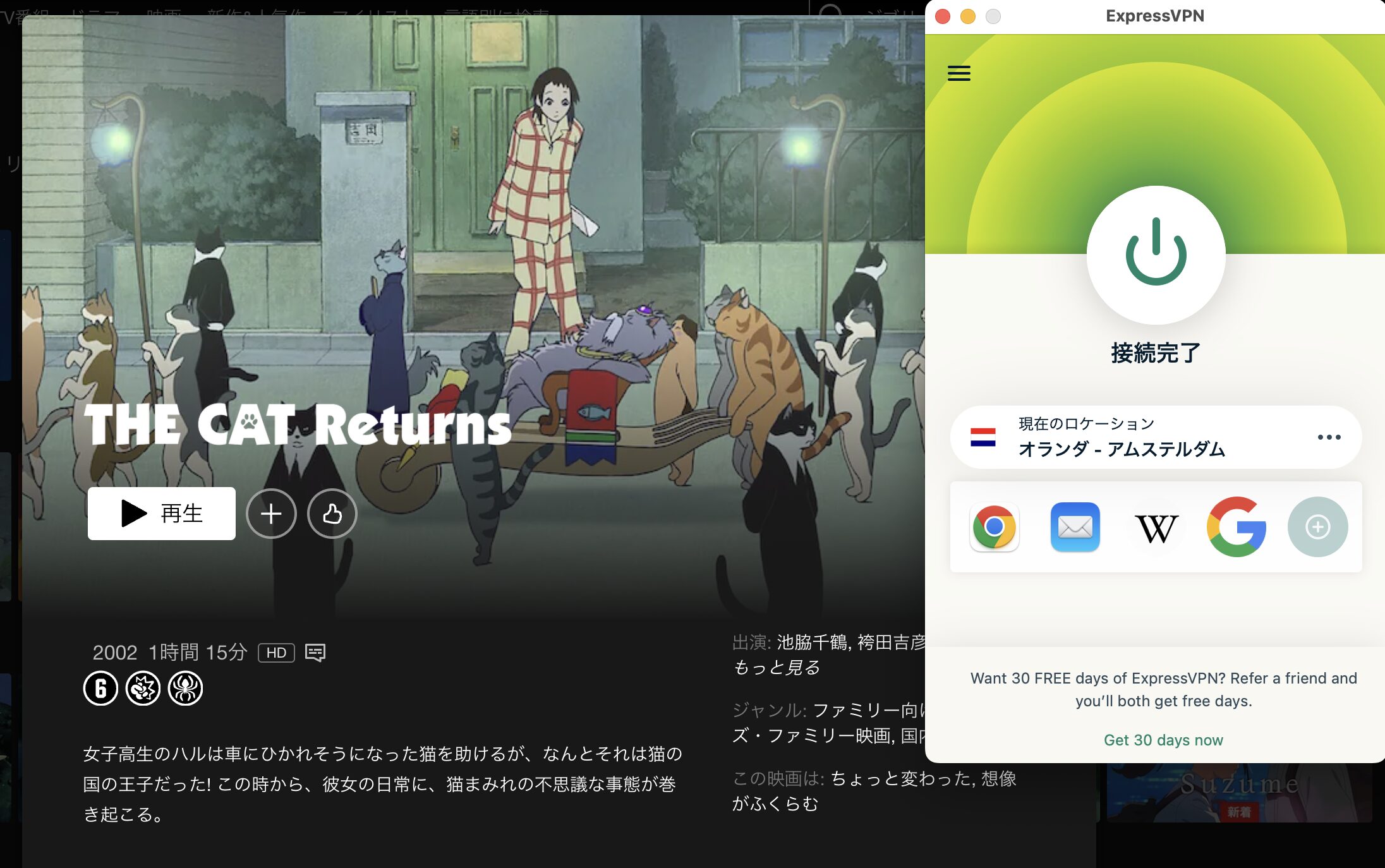 猫の恩返しをNetflixとVPNで見れるようになった画面